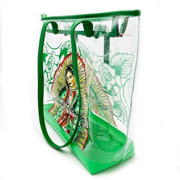 NWT Ed Hardy Virgin de Guadalupe Clear Floral Tote Bag $159 Green - Picture 4 of 7